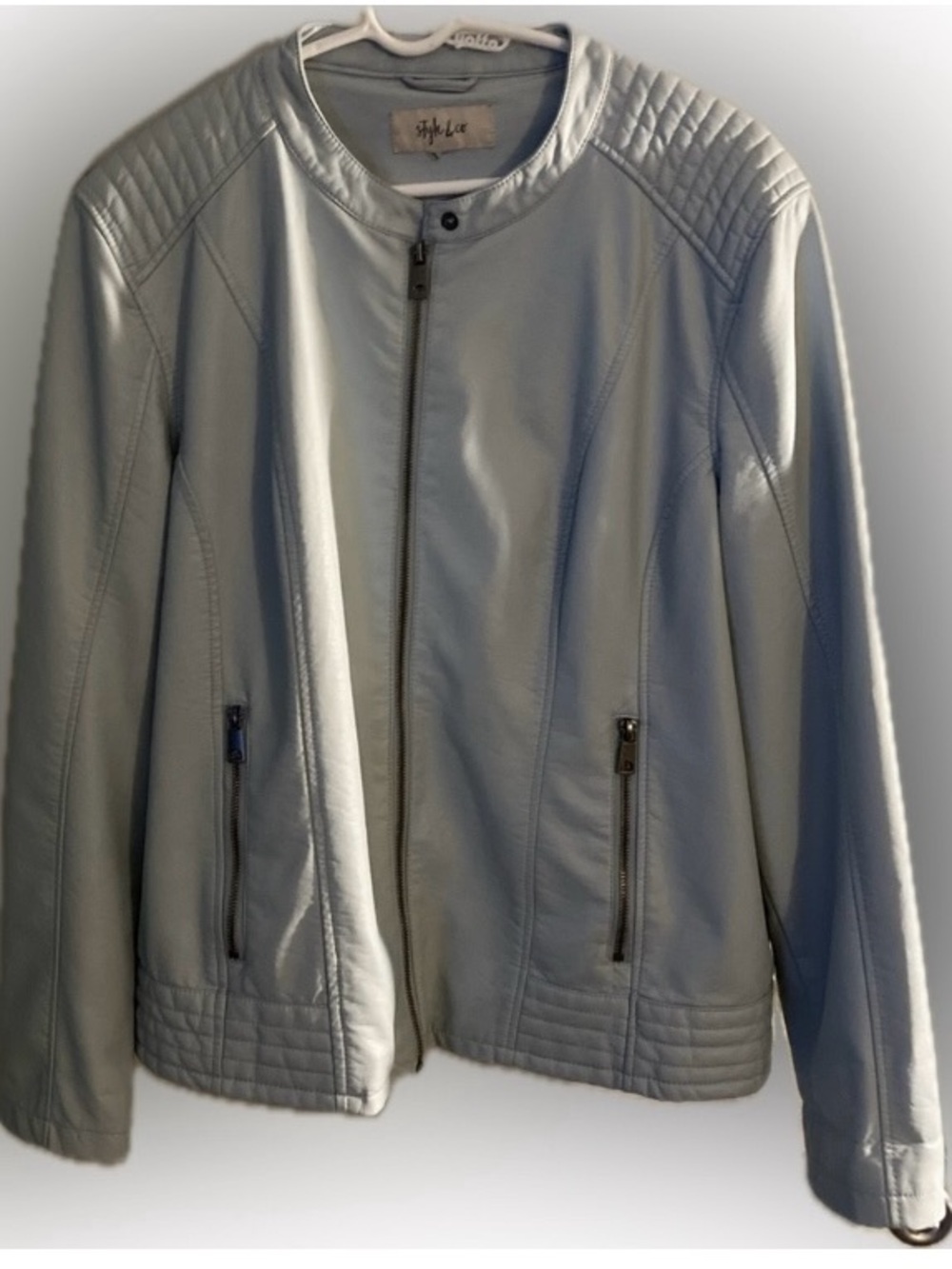 Style & Co. Pale Blue Faux Leather Moto Jacket Women’s Size L - Picture 2 of 10